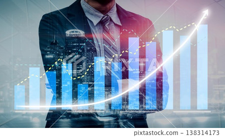 Professional Businessman Overlaid with Graphs and Charts Representing Financial Growth and Progress in a Modern Urban Environment Copula 138314173