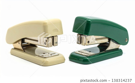 Beige and Green Staplers Side By Side on a Clean White Background Studio Shot 138314237