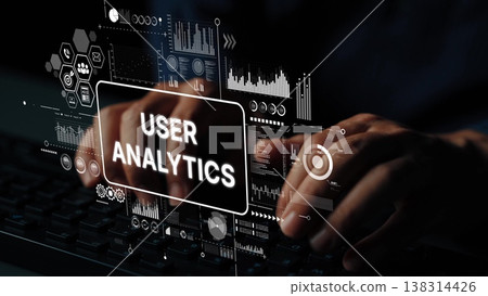 User Analytics Concept with Hands Typing on Keyboard and Digital Data Visualization in Modern Workspace. Asymptotic smart data analytic User Analytics Concept with Hands Typing on Keyboard and Digital Data Visualization in Modern Workspace. Asymptotic smart data analytic 138314426