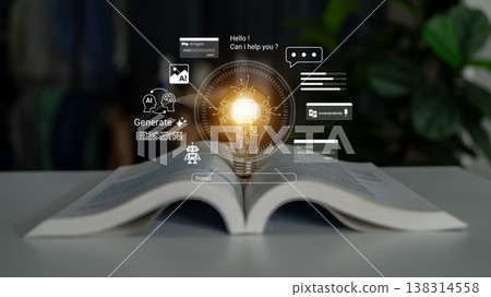 Modern Concept of Artificial Intelligence Support with Open Book and Light Bulb Symbolizing Ideas and Innovation in Digital Learning Environment Ledger 138314558