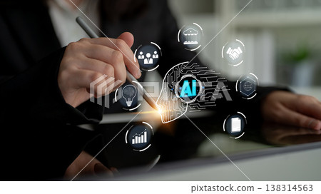 Business professional interacting with AI technology visualizations on touch screen, symbolizing innovation and digital transformation in corporate environments Quark 138314563