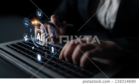 Hands of a business professional interacting with a laptop displaying artificial intelligence concepts and digital icons in a dark environment Quark 138314690