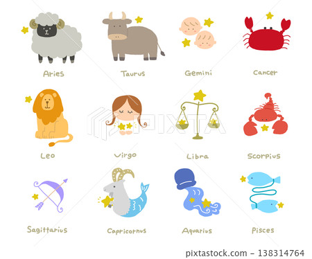 A colorful and whimsical illustration of the 12 zodiac signs. 138314764