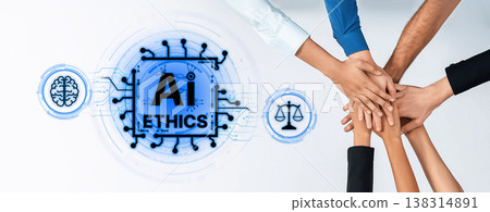 Diverse Hands Together Symbolizing Collaboration and Teamwork in Artificial Intelligence Ethics with Technology Elements and Legal Symbols Trope Diverse Hands Together Symbolizing Collaboration and Teamwork in Artificial Intelligence Ethics with Technology Elements and Legal Symbols Trope 138314891