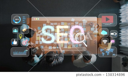 Digital Marketing Team Collaborating on SEO Strategy with Sticky Notes and Multimedia Tools in Modern Office Environment. Raster Digital Marketing Team Collaborating on SEO Strategy with Sticky Notes and Multimedia Tools in Modern Office Environment. Raster 138314896