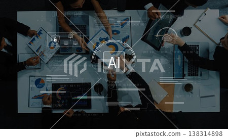 Business Team Collaborating on Artificial Intelligence Project with Graphs and Digital Interface in Modern Office Environment. Raster Business Team Collaborating on Artificial Intelligence Project with Graphs and Digital Interface in Modern Office Environment. Raster 138314898