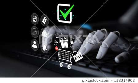 Futuristic Robotic Hand Interacting with Online Shopping Icons and Cart Displaying Sale and Checkmark on Modern Keyboard Quark 138314908