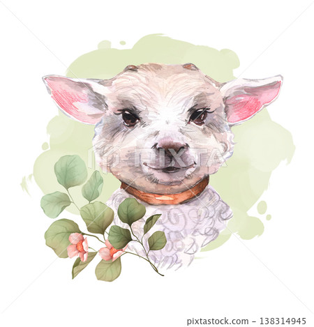 Cute watercolor lamb with pink flowers and light green background 138314945