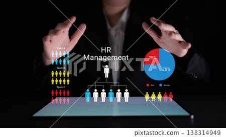 Business Presentation on HR Management with Charts and Figures Illustrating Team Dynamics and Gender Distribution in a Professional Setting Ledger 138314949