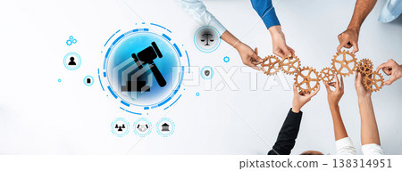 Hands Collaborating with Gears and Legal Symbol Icons for Justice, Cooperation, and Innovation in a Modern Business Environment Trope Hands Collaborating with Gears and Legal Symbol Icons for Justice, Cooperation, and Innovation in a Modern Business Environment Trope 138314951
