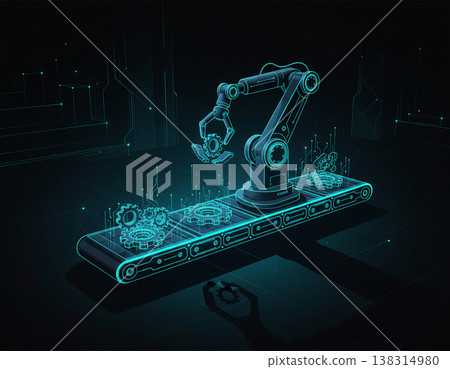 Smart Factory Conveyor with Robotic Arm Futuristic Scene Smart Factory Conveyor with Robotic Arm Futuristic Scene 138314980