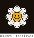 A cheerful daisy flower with a cute smiley face on a dark background. Stock Vector Groovy Sticker A cheerful daisy flower with a cute smiley face on a dark background. Stock Vector Groovy Sticker 138314983
