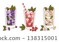 Currant Cocktail Trio. Set Refreshing Drinks with Black, Red, and White Berries in Highball Glasses. Fresh Isolated Summer Lemonade with Berry, Ice Cubes and Mint Leaves. Vector Illustration 138315001
