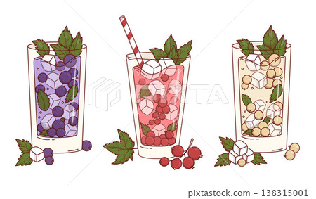 Currant Cocktail Trio. Set Refreshing Drinks with Black, Red, and White Berries in Highball Glasses. Fresh Isolated Summer Lemonade with Berry, Ice Cubes and Mint Leaves. Vector Illustration Currant Cocktail Trio. Set Refreshing Drinks with Black, Red, and White Berries in Highball Glasses. Fresh Isolated Summer Lemonade with Berry, Ice Cubes and Mint Leaves. Vector Illustration 138315001