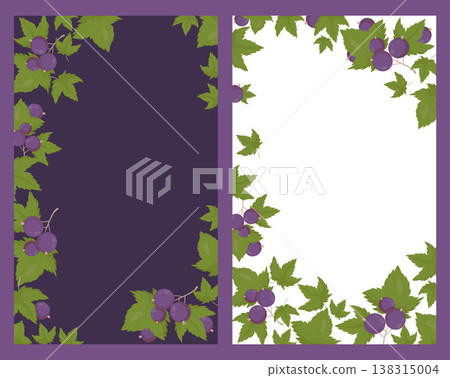 Blackcurrant Berries Botanical Frames Posters. Branches Fruit Currant with Leaves on Dark Purple and White Background. Isolated Vertical template with Empty Copy Space. Vector illustration Blackcurrant Berries Botanical Frames Posters. Branches Fruit Currant with Leaves on Dark Purple and White Background. Isolated Vertical template with Empty Copy Space. Vector illustration 138315004