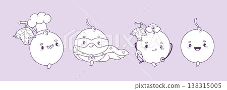 Kawaii Blackcurrant Line Art Set. Cute Berry Currant Mascot Coloring Page with Chef, Superhero, Doctor and Happy Characters for Kids Education. Isolated Outline drawing. Vector illustration Kawaii Blackcurrant Line Art Set. Cute Berry Currant Mascot Coloring Page with Chef, Superhero, Doctor and Happy Characters for Kids Education. Isolated Outline drawing. Vector illustration 138315005