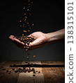 Coffee beans, hand, falling, dark background 138315101