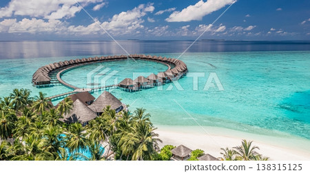 Gorgeous Maldives aerial beach view with luxury resort water bungalows, palm trees, and stunning ocean shoreline, popular vacation destination scenic background 138315125