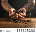 Coffee beans, palm of hand, close-up, dark 138315202