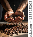 Coffee beans, palm of hand, close-up, dark, overflowing 138315203
