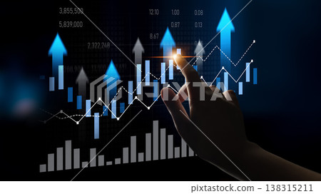 Hand Interacting with Digital Financial Growth Chart Showing Ascending Arrows, Data Points, and Graphs Indicating Stock Market Prosperity and Trends Scalp Hand Interacting with Digital Financial Growth Chart Showing Ascending Arrows, Data Points, and Graphs Indicating Stock Market Prosperity and Trends Scalp 138315211