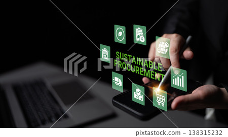 Innovative Smartphone Interface with Sustainable Procurement Icons and Graphs Demonstrating Modern Digital Solutions for Eco-Friendly Business Practices Ledger 138315232
