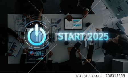 Business Meeting with Data Presentation and Power Symbol Overlay for Strategic Planning Amid Future Trends and Goals in 2025. Raster 138315239