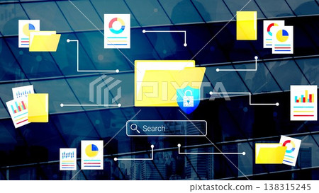 Colorful Digital Illustration of Document Organization, Search Function, and Data Security with Graphs and Charts Overlaid on a Modern Building Background Gluon 138315245