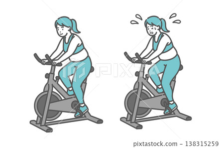 A set of illustrations comparing a chubby woman riding a fitness bike (with a smiling face and a pained expression). 138315259
