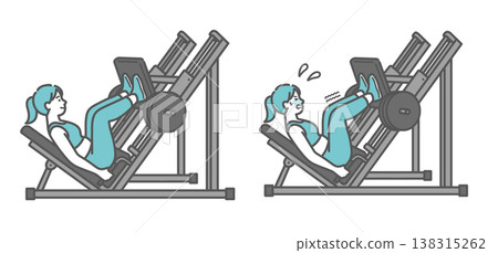 A set of illustrations comparing the smiling and struggling expressions of a chubby woman training on a leg press machine. A set of illustrations comparing the smiling and struggling expressions of a chubby woman training on a leg press machine. 138315262