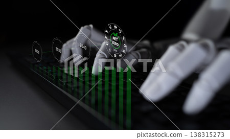 Futuristic robotic hands interacting with digital data on a keyboard showcasing sustainability goals in technology and minimal carbon footprint strategies Gantry Futuristic robotic hands interacting with digital data on a keyboard showcasing sustainability goals in technology and minimal carbon footprint strategies Gantry 138315273