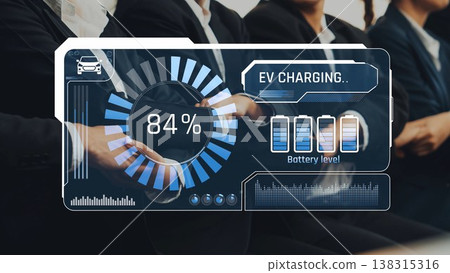 High-tech interface showing EV charging status with battery level and progress bar, symbolizing modern electricity usage in transportation technology. Raster High-tech interface showing EV charging status with battery level and progress bar, symbolizing modern electricity usage in transportation technology. Raster 138315316