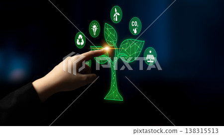Digital hand interacting with green tree icons representing sustainable development, renewable energy, and environmental technology concepts Quark Digital hand interacting with green tree icons representing sustainable development, renewable energy, and environmental technology concepts Quark 138315513