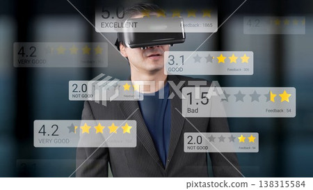 Person Wearing Virtual Reality Headset with Floating Rating Stars and Feedback Icons in a Modern Office Environment Gluon 138315584