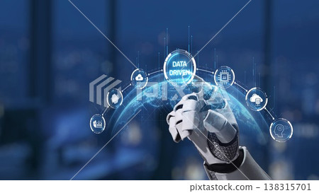 Futuristic robotic hand interacting with data-driven technology interface showcasing icons of artificial intelligence, analytics, and digital transformation Synapse Futuristic robotic hand interacting with data-driven technology interface showcasing icons of artificial intelligence, analytics, and digital transformation Synapse 138315701