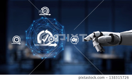 Robotic Hand Interacting with Digital Icons Representing Automation, Technology, Innovation, and Process Improvement in Modern Workspace Environment Synapse 138315726
