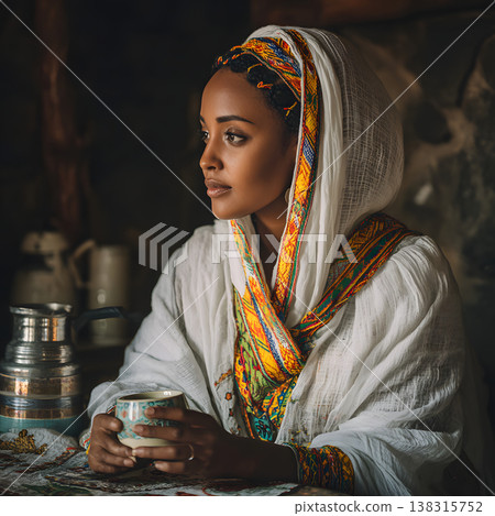 A cultural portrait of an African woman in traditional clothing holding a cup indoors. 138315752