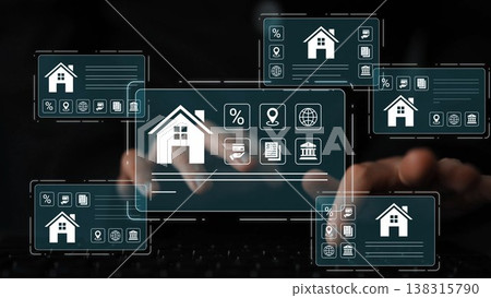 Digital Real Estate Management Concept with Virtual House Icons and Data Analytics in Modern Technology Interface for Property Investment and Market Analysis Gluon 138315790