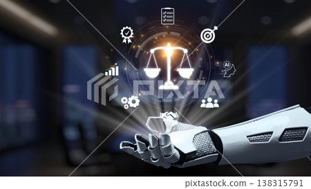 Futuristic robotic hand reaching for glowing icons symbolizing technology, justice, data analysis, and artificial intelligence in a modern business environment Synapse Futuristic robotic hand reaching for glowing icons symbolizing technology, justice, data analysis, and artificial intelligence in a modern business environment Synapse 138315791