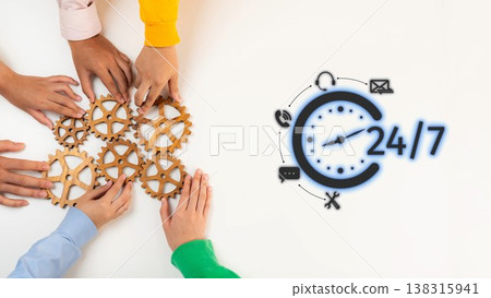Collaborative teamwork with hands on wooden gears representing continuous support and service available 24-hour for business and operational success. Raster 138315941