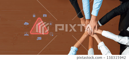 Collaborative Teamwork with Warning Symbol Emphasizing Urgent Action in Modern Office Environment Trope 138315942