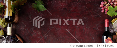 Red Wine Bottles and Glass with Grapevine on Rustic Background Red Wine Bottles and Glass with Grapevine on Rustic Background 138315960