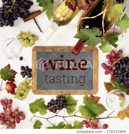 Wine Tasting Chalkboard with Grapes and Bottles Flat Lay 138315964