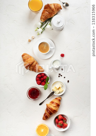 Minimal French Breakfast Flat Lay with Croissants and Coffee 138315966