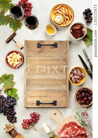 Charcuterie Board Frame with Wine and Snacks Copy Space 138315973