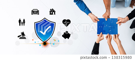 Group of Diverse People Assembling Puzzle Pieces with Icons Representing Insurance Coverage for Health, Home, Auto, and Financial Security on White Background Quark 138315980