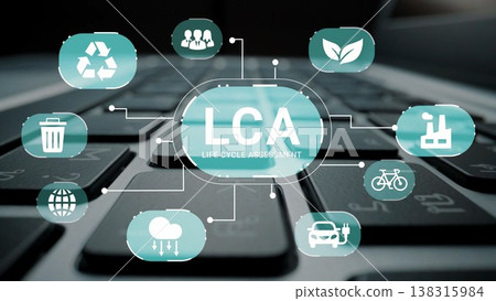 Life Cycle Assessment Concept with Icons Representing Sustainability, Recycling, Environment, and Technology on a Laptop Keyboard Gluon 138315984