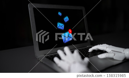 Futuristic robotic hand interacting with a laptop displaying email notifications and floating envelope icons against a dark background, symbolizing technology and communication Gantry Futuristic robotic hand interacting with a laptop displaying email notifications and floating envelope icons against a dark background, symbolizing technology and communication Gantry 138315985