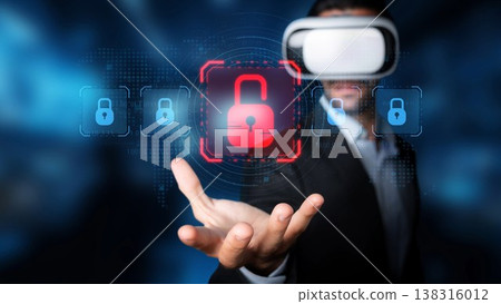 Futuristic Technology and Security Concept with Virtual Reality Headset, Lock Icons and Human Hand Reaching Out for Digital Protection and Access Control. Raster 138316012