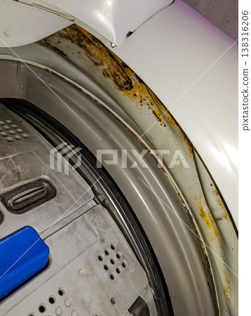 Dirty White Washing Machine with Mold and Stains 138316206